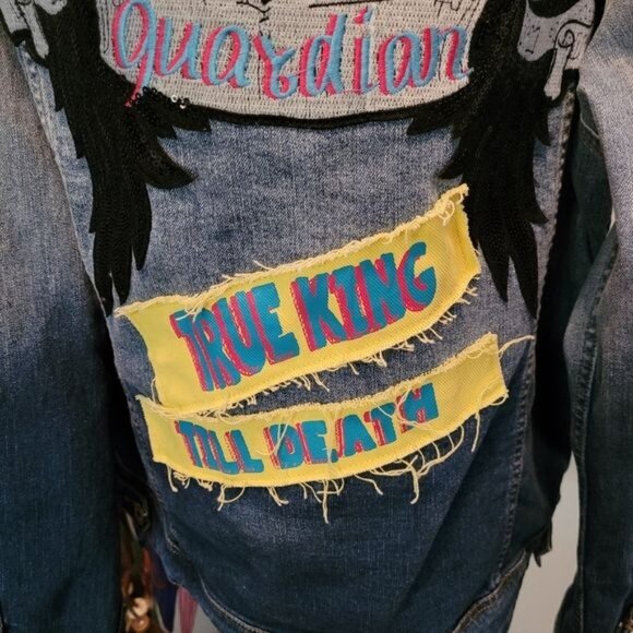 Vintage '90s Streetwear Denim Jacket Blue Patch Patches Angel Thrasher 2x - Picture 3 of 8